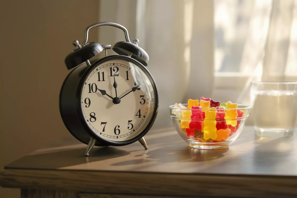 Black alarm clock, bowl of colorful gummy bears, and glass of water on a bedside table.