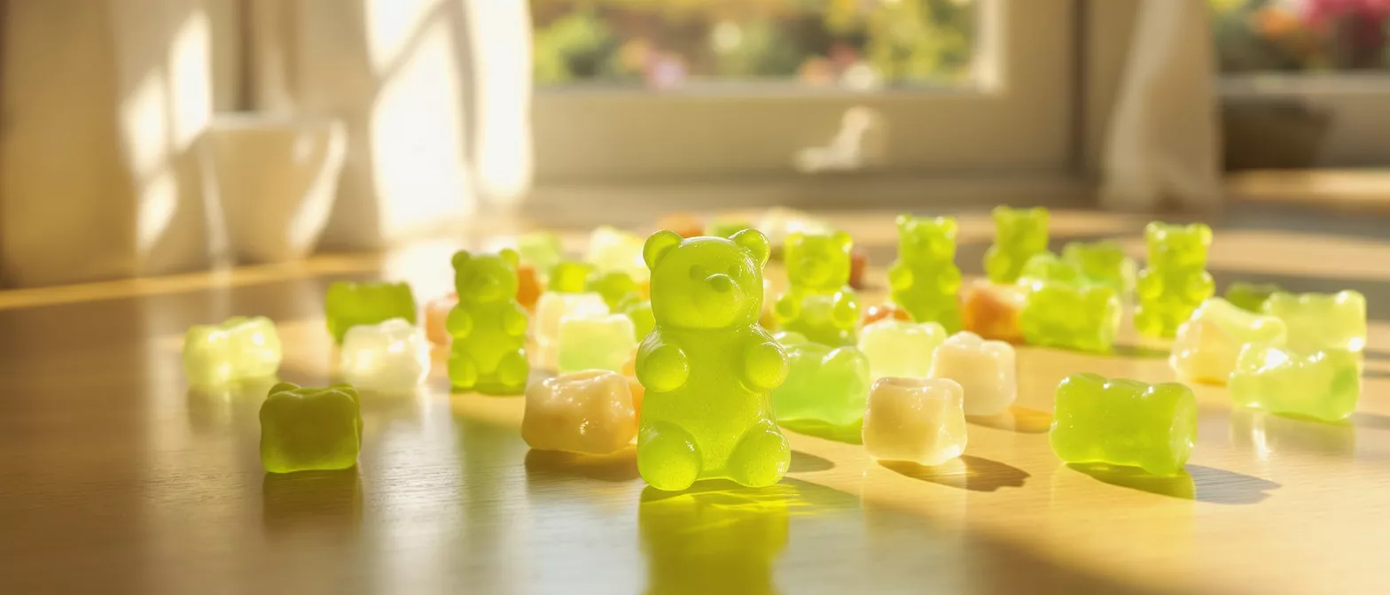 Bright green gummy bears and cubes scattered on a sunlit wooden surface.