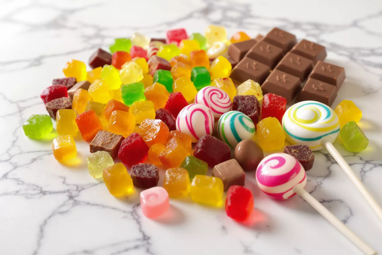 Colorful Candy Mix with Chocolate A vibrant assortment of candies, including gummies, chocolates, and swirl lollipops.