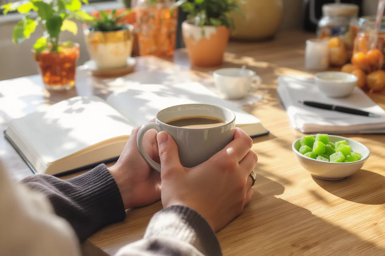 Morning Coffee and Reading Hands holding a coffee mug on a sunlit wooden desk with an open book.