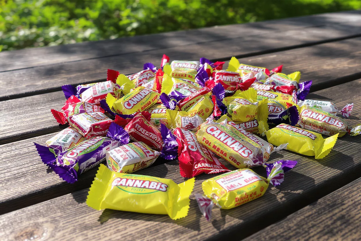 Assorted Cannabis Candies A pile of colorful cannabis-labeled candies on a wooden table, outdoors.