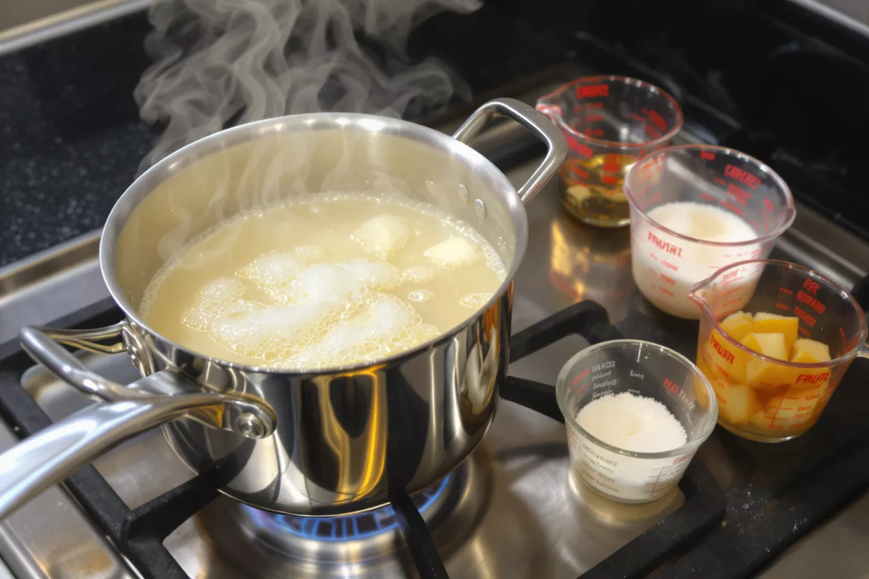 Cooking Pot with Ingredients A pot of liquid boiling on a stove with various ingredients in measuring cups.