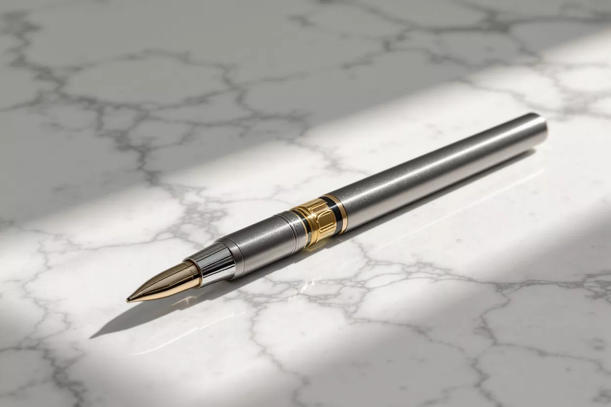 A sleek silver and gold pen resting on a white marble surface.