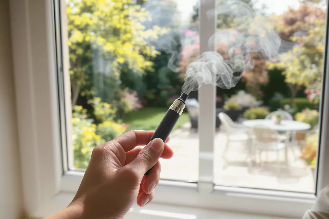 Hand holding a black e-cigarette with vapor, looking out to a green garden.