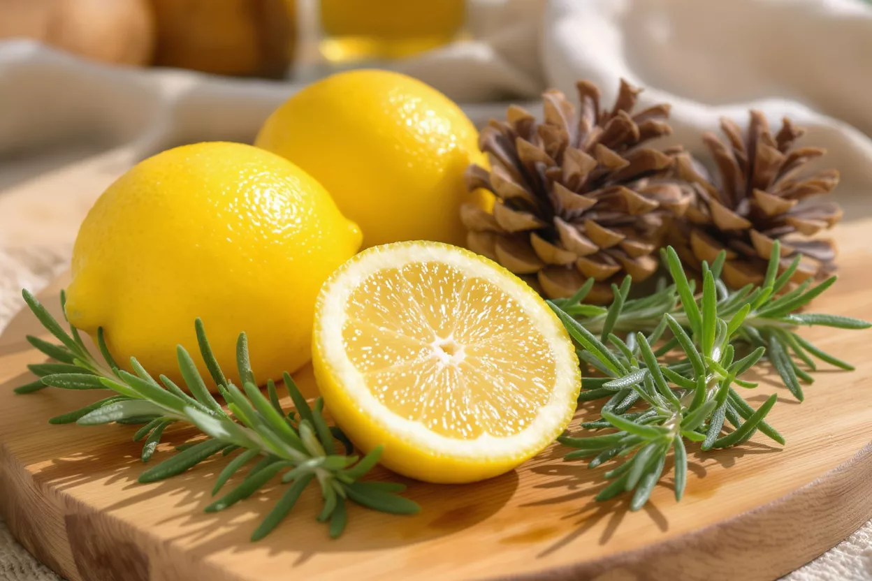 Bright yellow lemons, fresh rosemary sprigs, and natural pinecones on a wooden board.