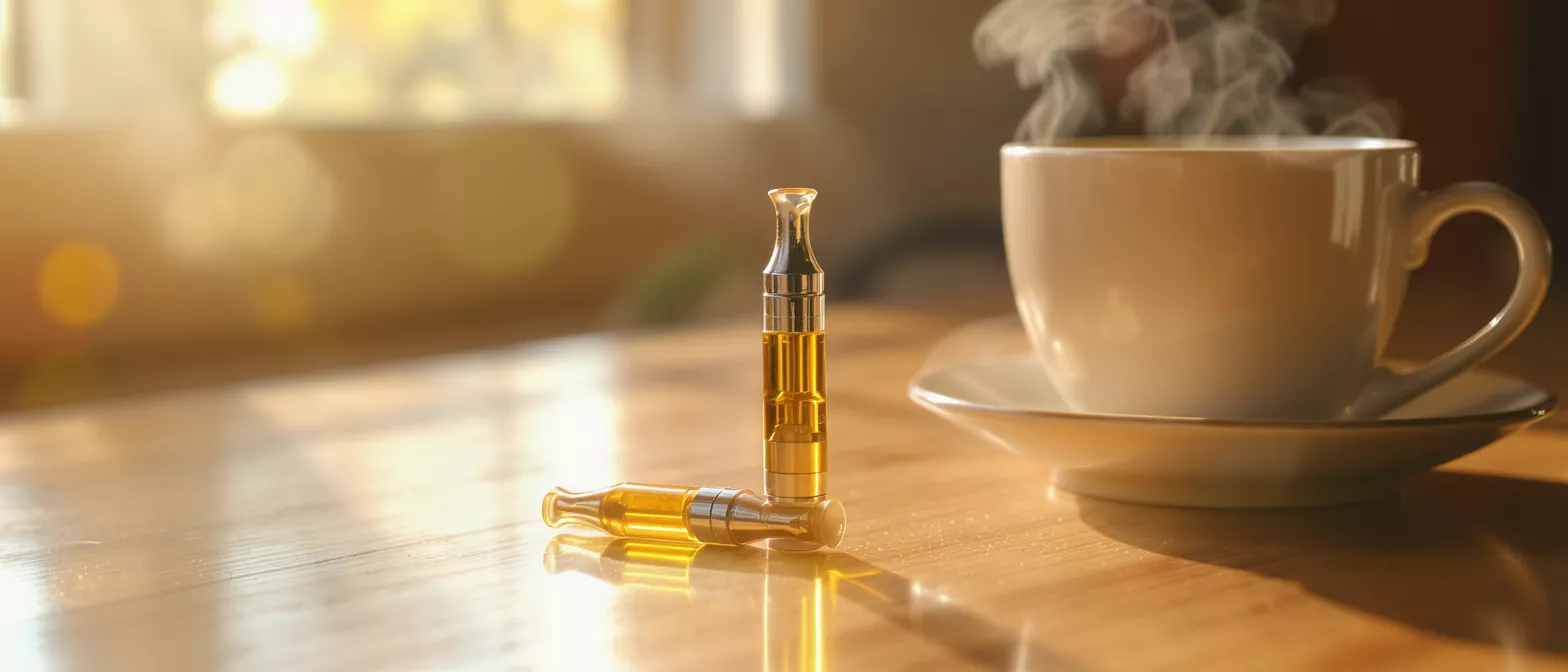 Two vape cartridges with golden liquid next to a steaming cup of coffee.