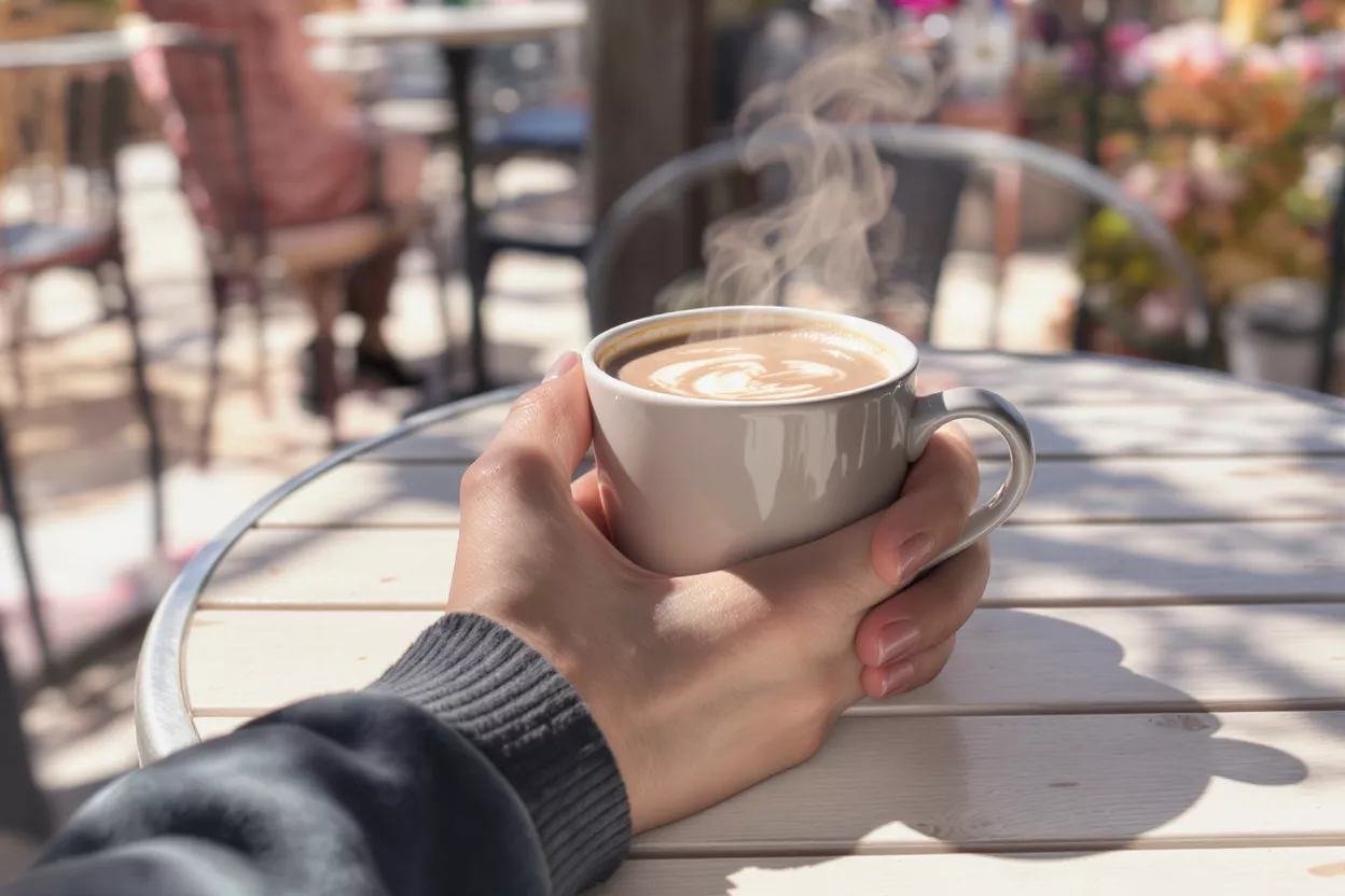 Steaming Coffee Cup Outdoor Cafe Hand holding a steaming cup of coffee with latte art on an outdoor cafe table.