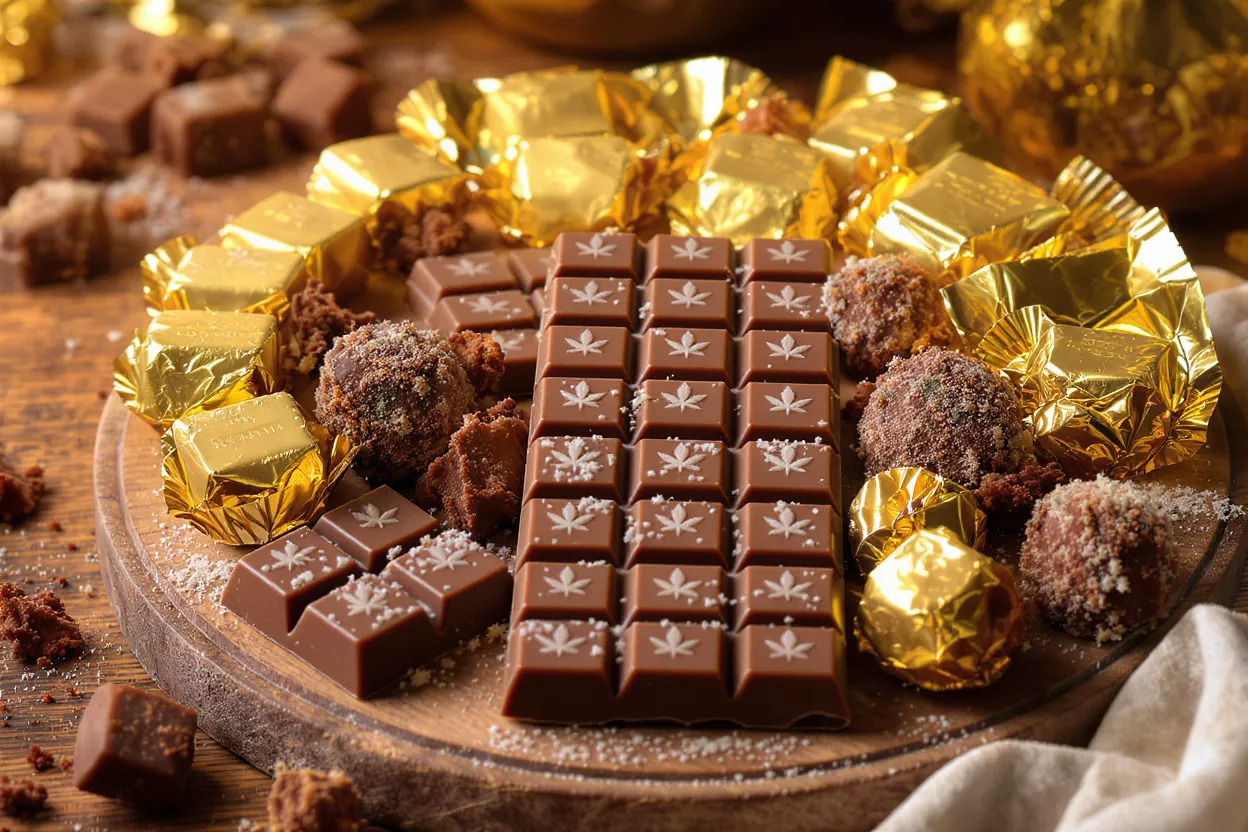 Cannabis Infused Chocolate Delights A wooden board filled with cannabis-infused chocolate bars, truffles, and gold-wrapped candies.