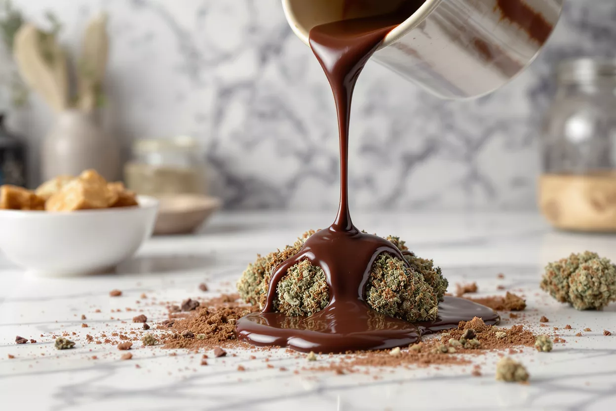 Chocolate Covered Cannabis Buds Rich chocolate sauce pouring over cannabis buds on a marble surface.