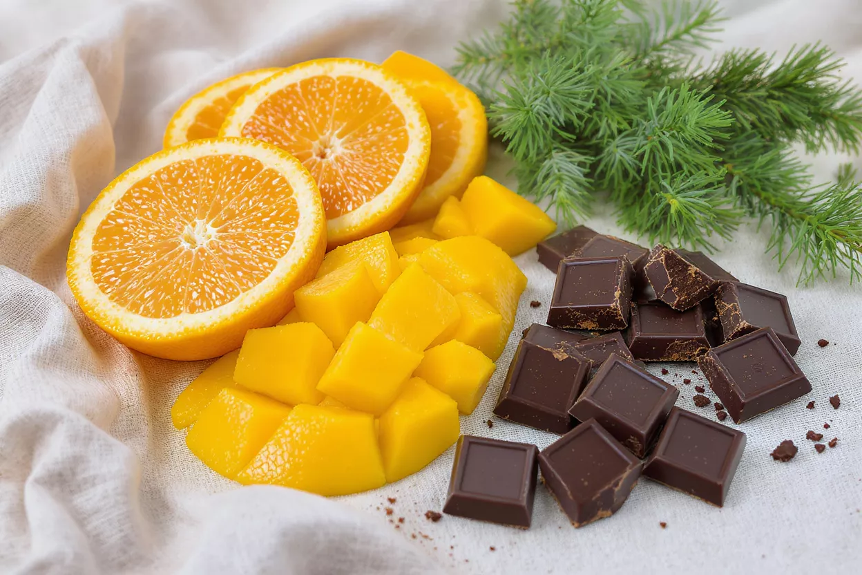 Orange, Mango, and Chocolate Sliced oranges, diced mango, chocolate squares, and pine sprig on white cloth.