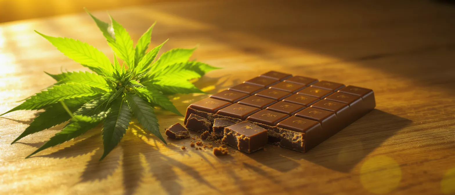 Cannabis leaf and chocolate bar on a wooden table with warm lighting.