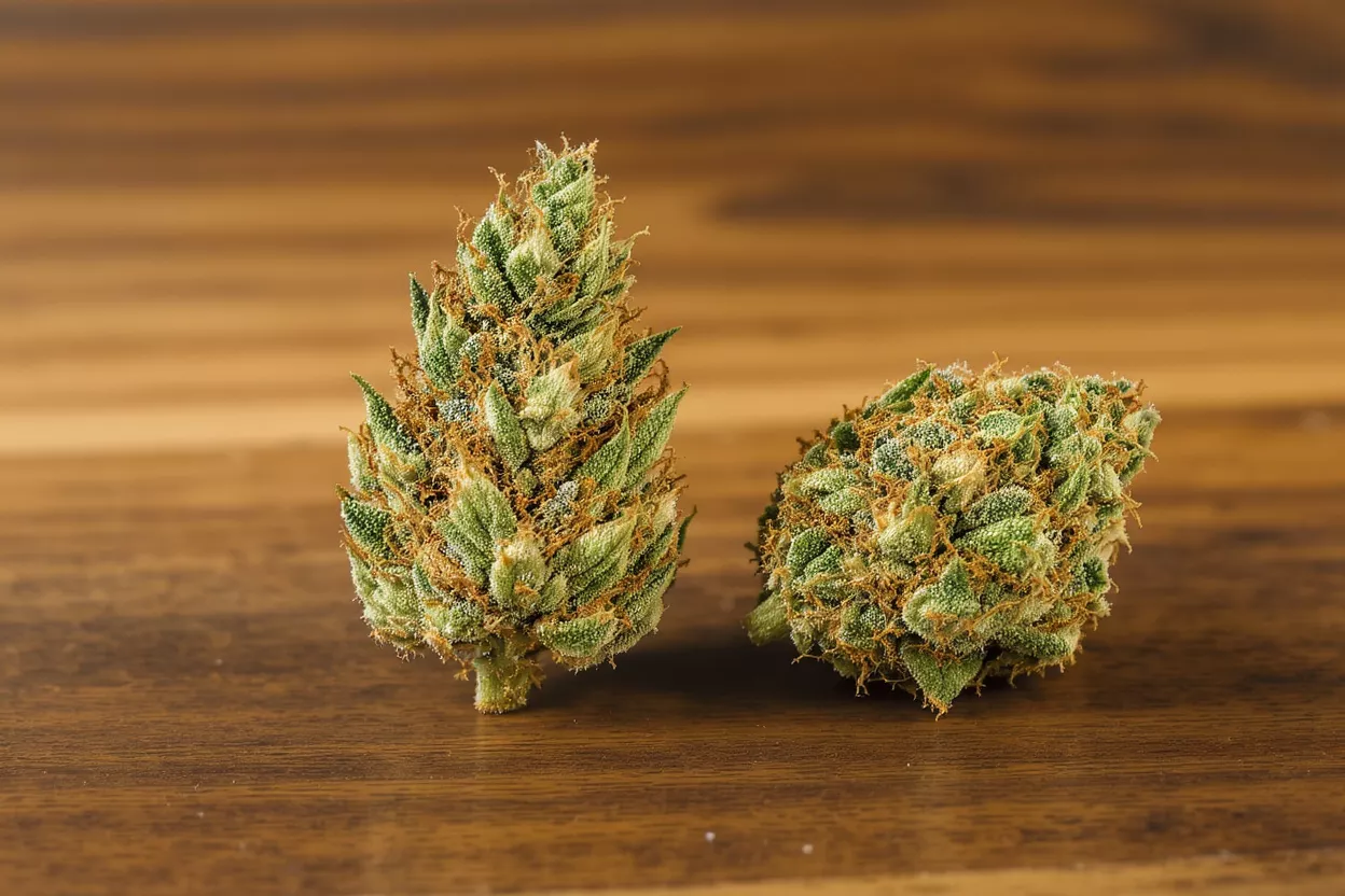 Dos cogollos de cannabis vibrantes, uno alto y uno redondo, sobre una superficie de madera rica.