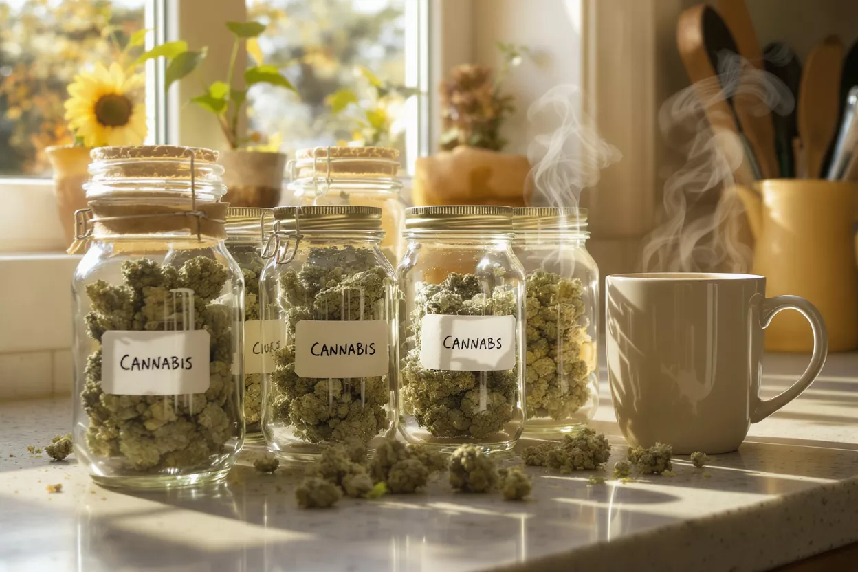 Varios frascos de vidrio llenos de cogollos de cannabis y una taza de café humeante sobre una mesada iluminada por el sol.