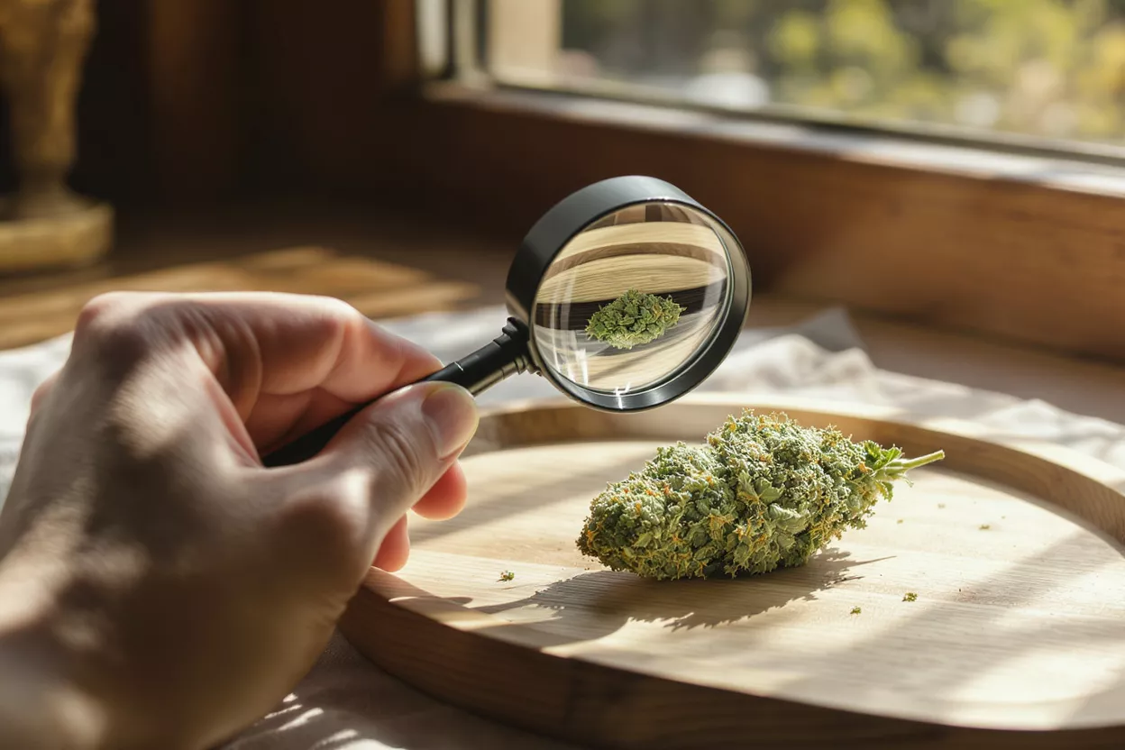 Mano sosteniendo una lupa sobre un cogollo de cannabis en una bandeja de madera.