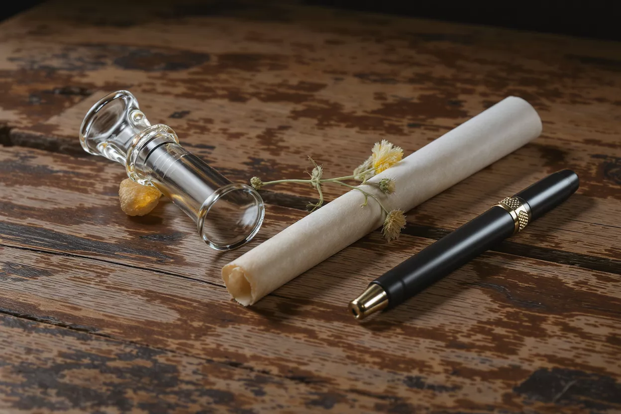 Un frasco de vidrio, un pergamino enrollado con flores secas y una pluma negra sobre una mesa de madera.