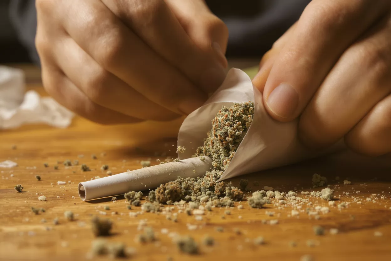 Close-up of hands rolling a cannabis joint on a wooden table.