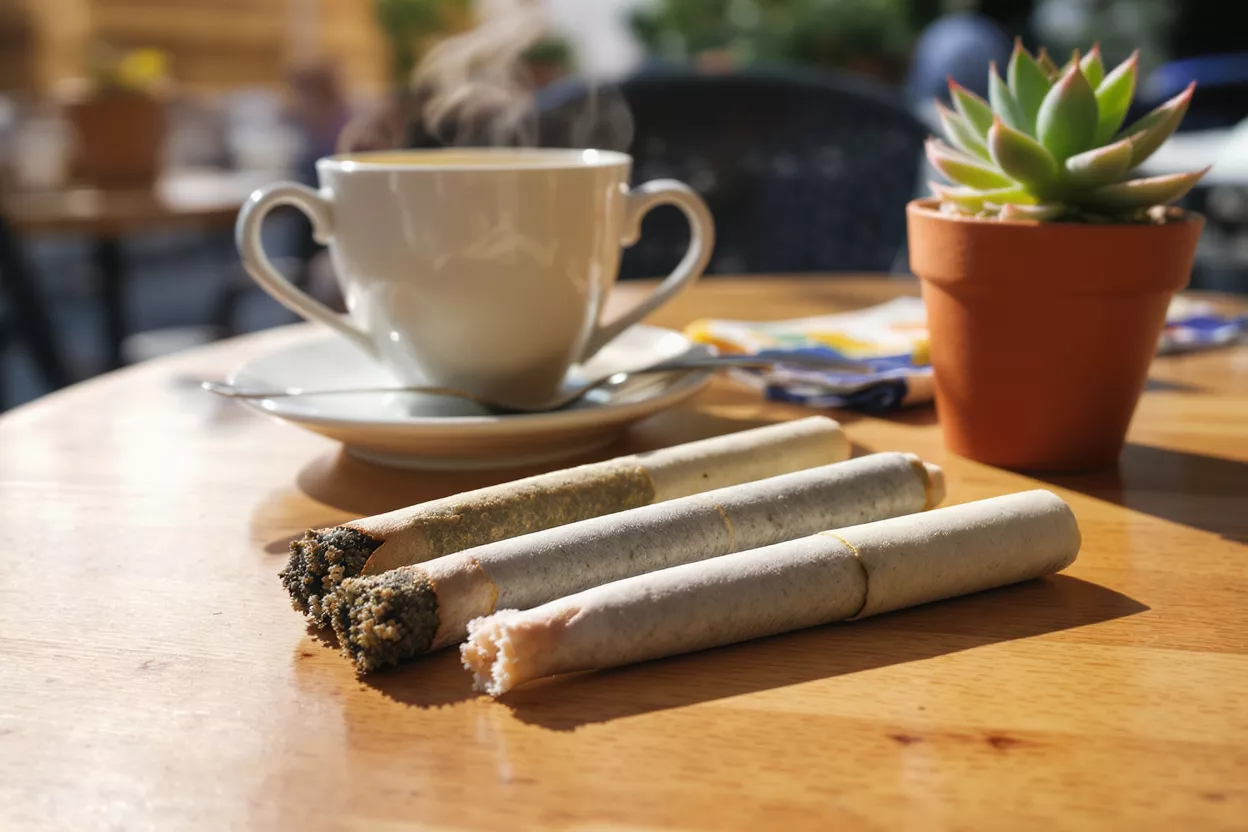 Three cannabis pre-rolls next to a steaming cup of coffee on a wooden table.