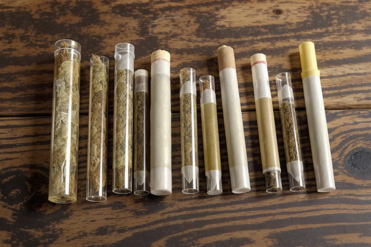A variety of cannabis products in tubes and pre-rolls on a wooden surface.