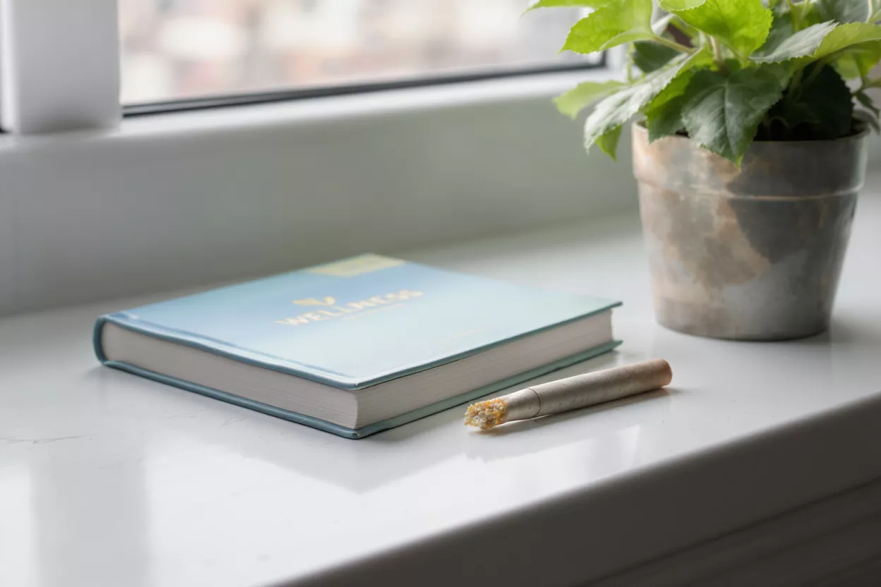 Light blue wellness book, pre-roll, and potted plant on a white windowsill.