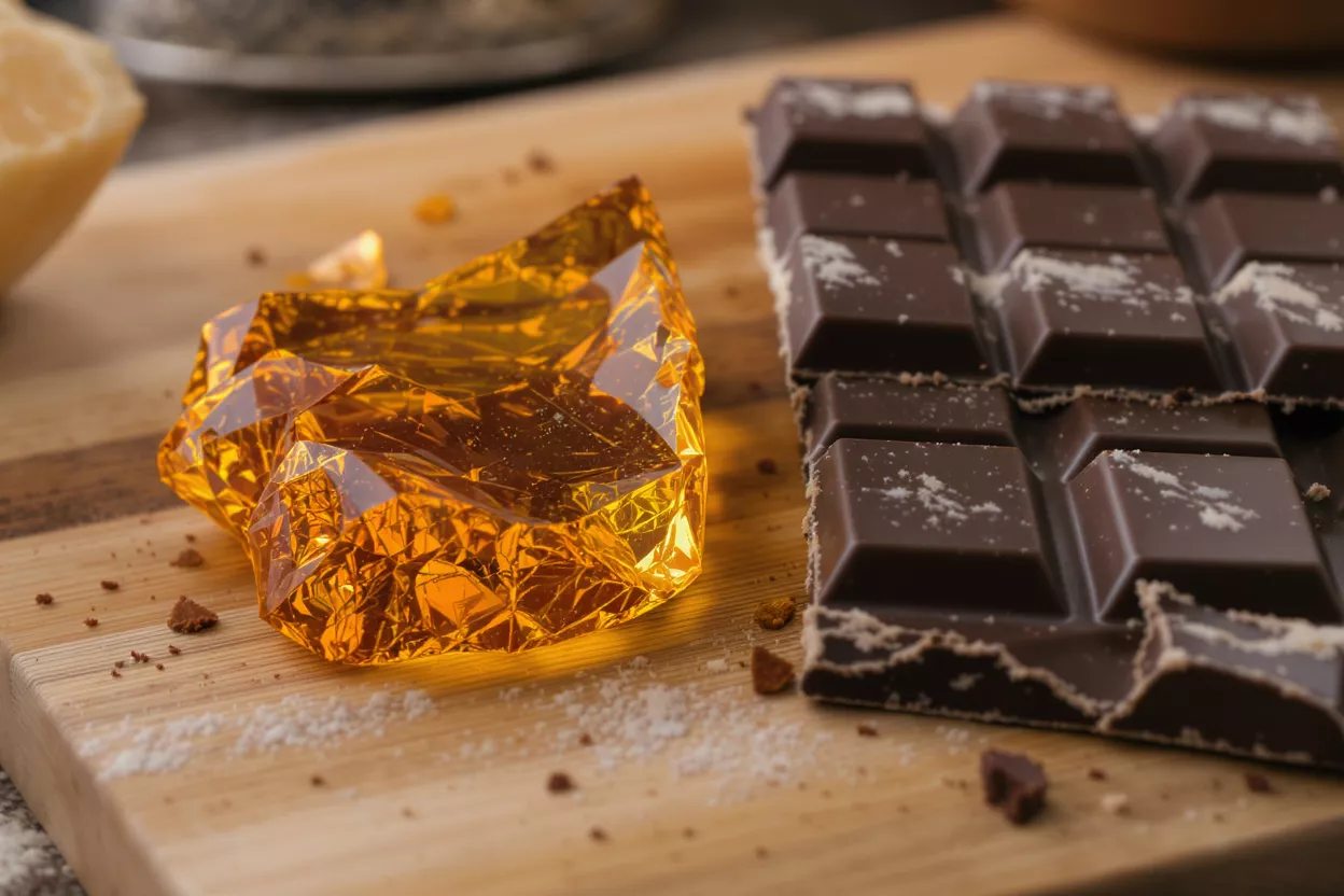 Chocolate Bar and Golden Wrapper Dark chocolate bar and crumpled golden wrapper on a wooden board.