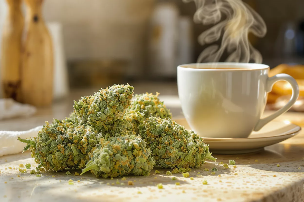Cannabis Buds and Coffee Close-up of cannabis buds next to a steaming cup of coffee on a counter.
