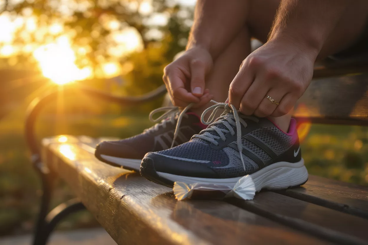 Tying Running Shoes at Sunset Close-up of hands tying running shoe laces on a park bench at sunset.
