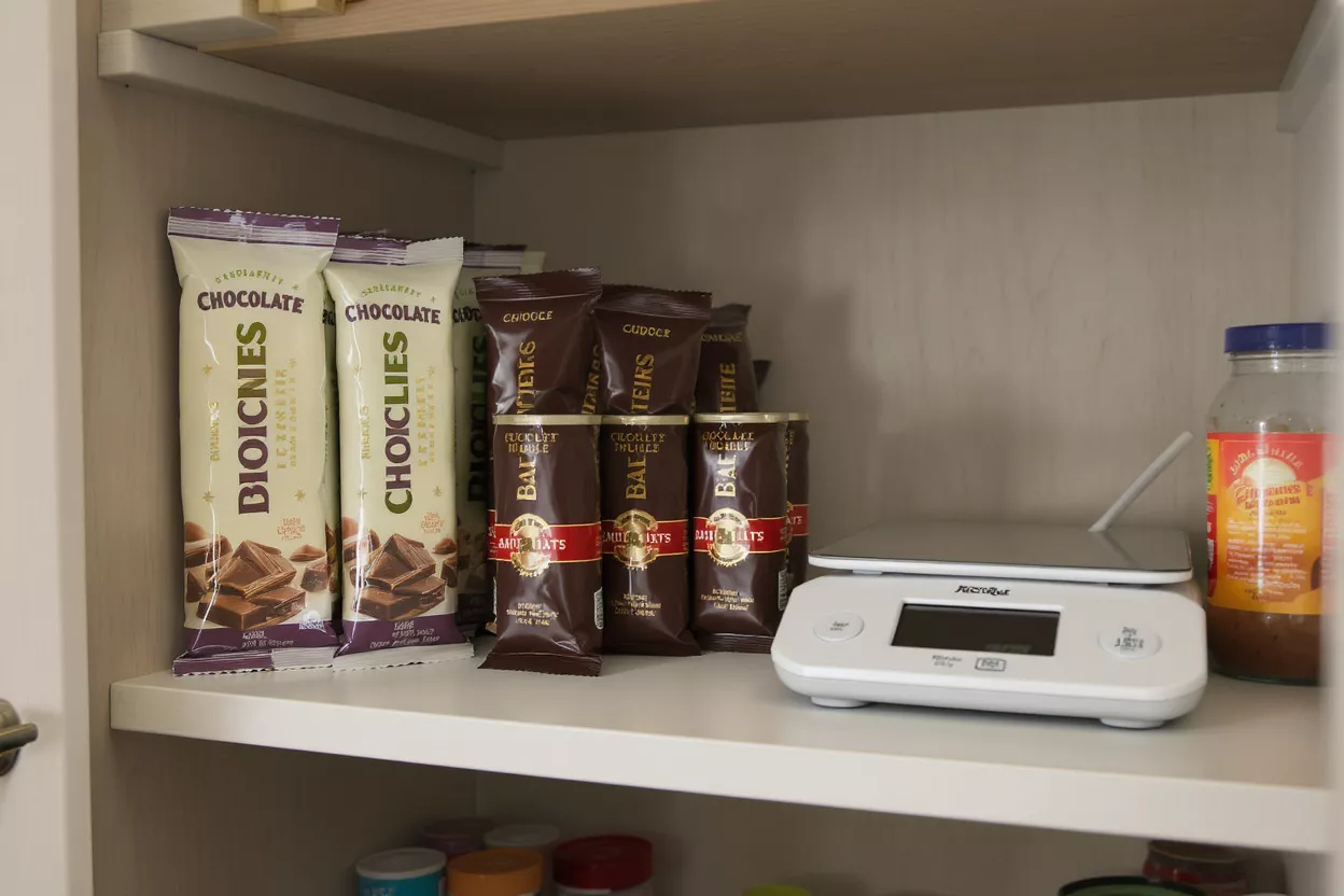 Pantry Shelf with Snacks and Scale A pantry shelf with chocolate bars, chocolate bites, a kitchen scale, and a jar.