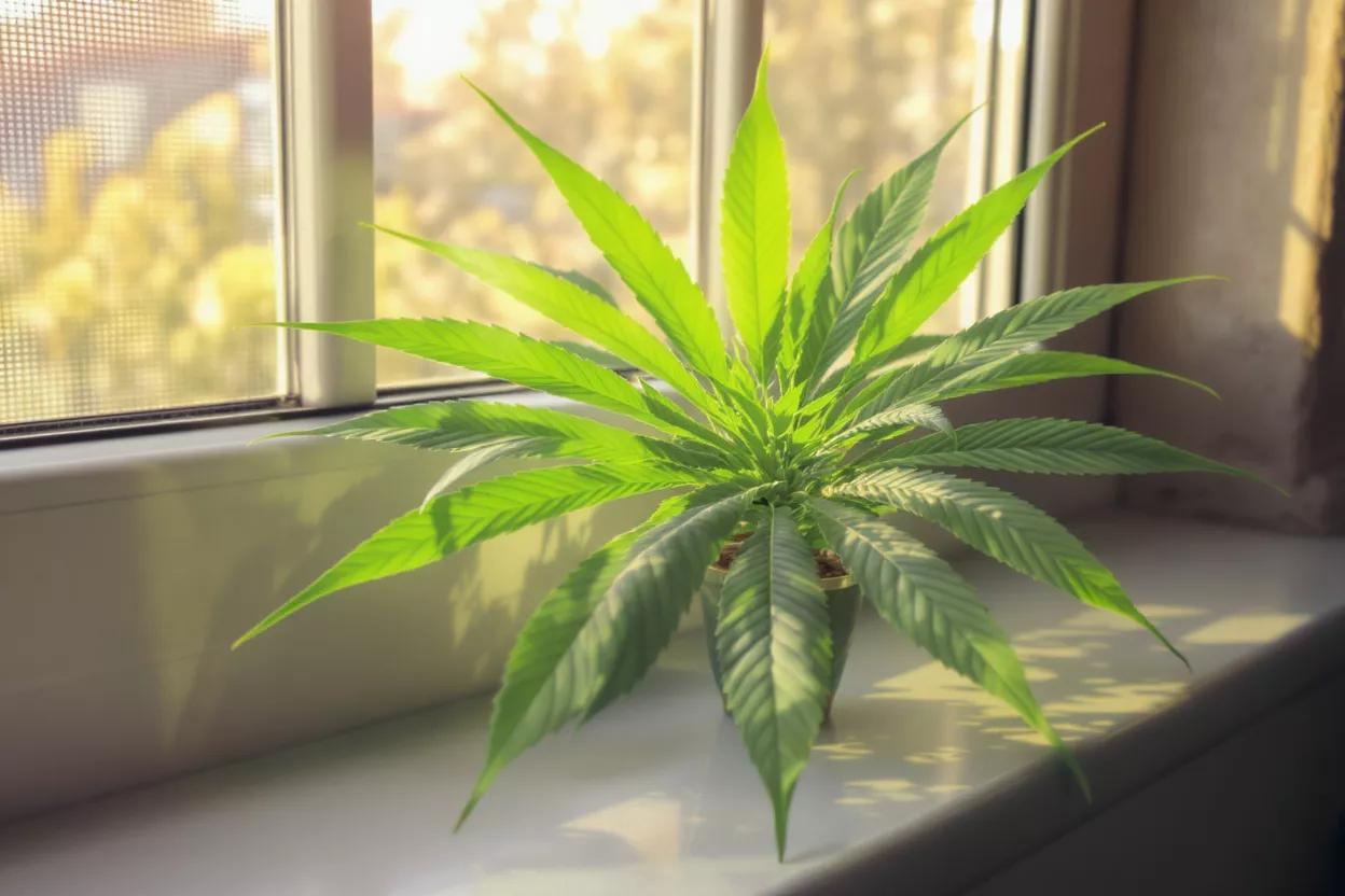 Small cannabis plant with vibrant green leaves sitting on a sunlit windowsill.