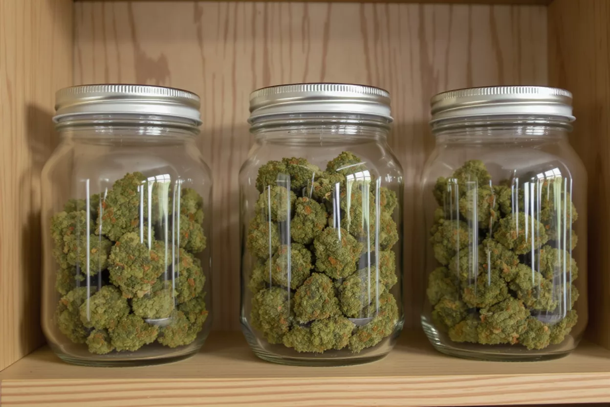 Three glass jars filled with green cannabis buds on a light wooden shelf.