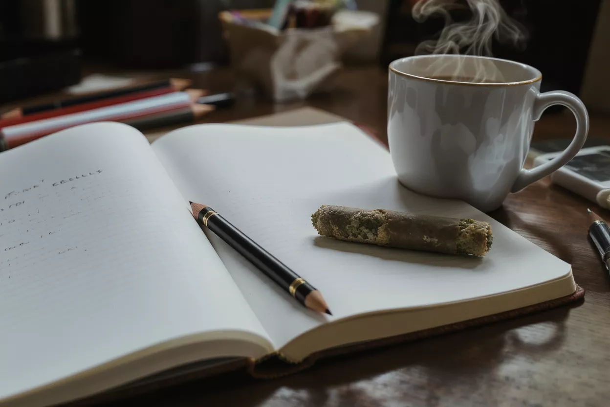 A cannabis blunt, steaming coffee, and an open notebook with a pencil on a wooden desk.