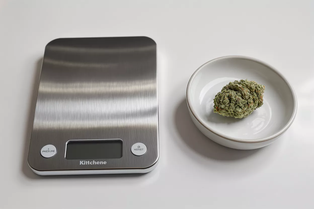 A cannabis bud in a white bowl next to a stainless steel kitchen scale.