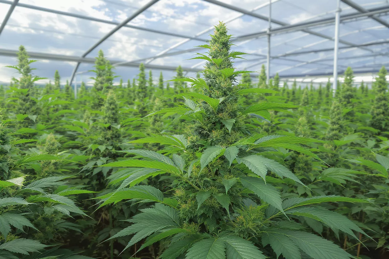 Rows of vibrant green cannabis plants with developing buds inside a large greenhouse.