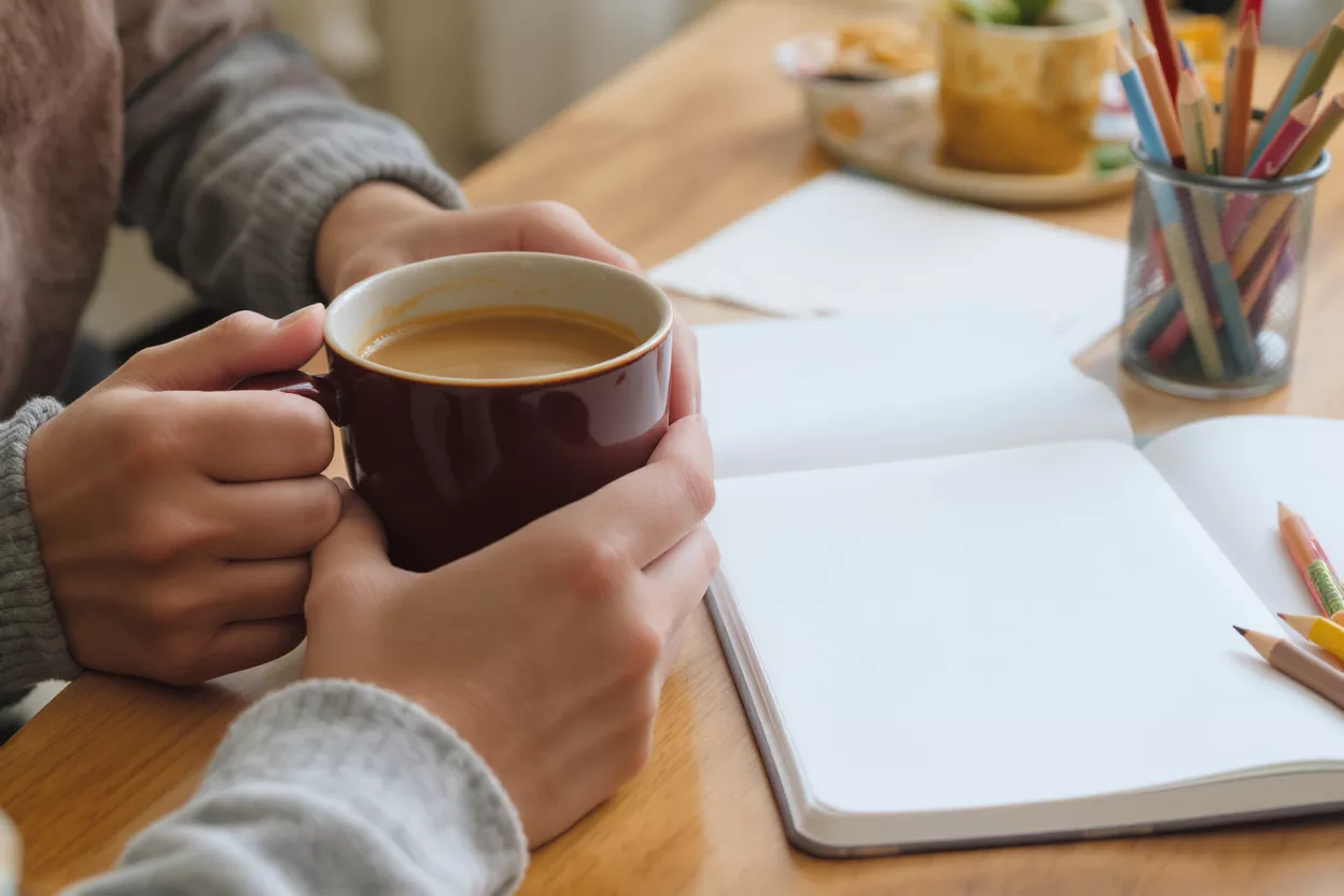 Close-up of hands holding a coffee mug next to an open notebook and pencils.