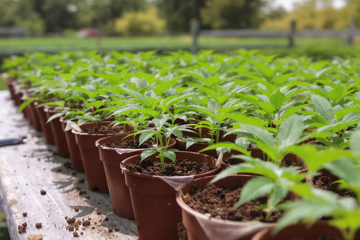 Rows of small green plants in brown pots on a wooden table in a greenhouse.