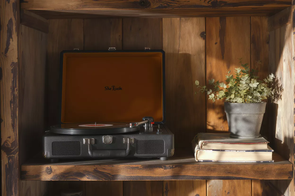 A black vintage record player with an open lid on a rustic wooden shelf.