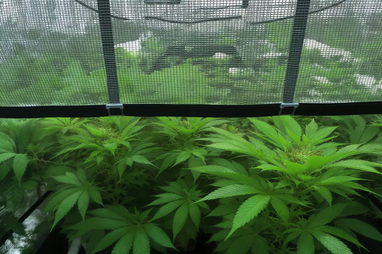 Plantas de cannabis verdes y exuberantes con cogollos en desarrollo vistas a través de la malla de una carpa de cultivo.
