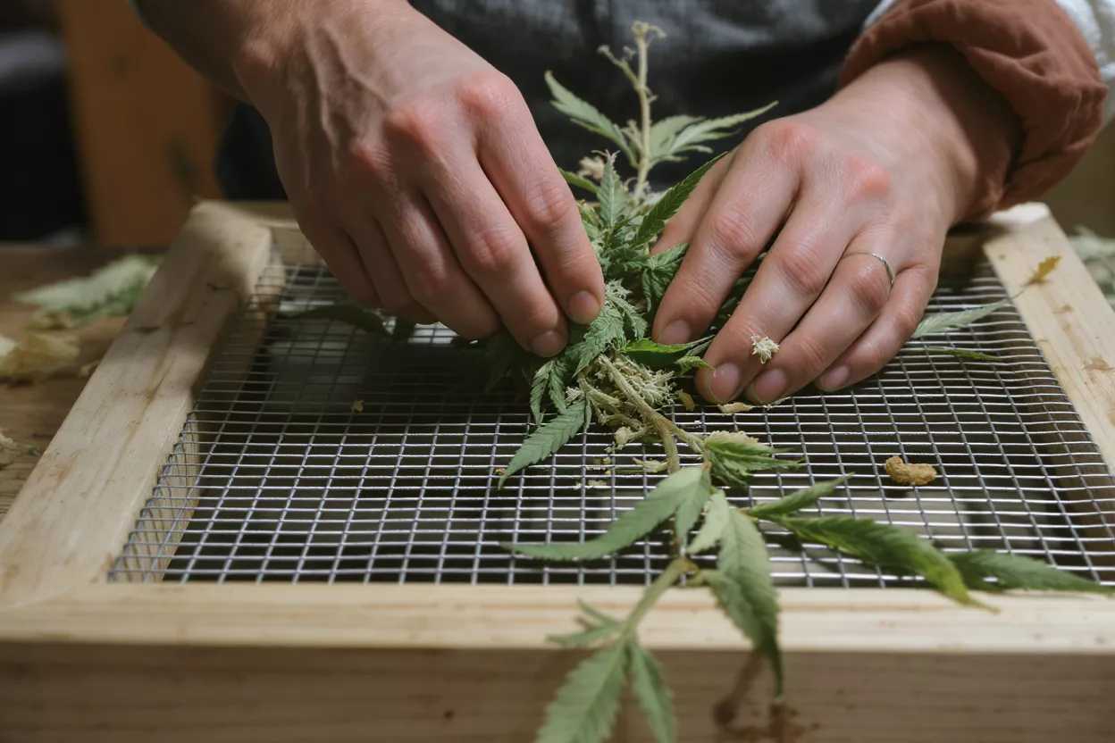 Primer plano de manos podando una planta de cannabis sobre una malla.