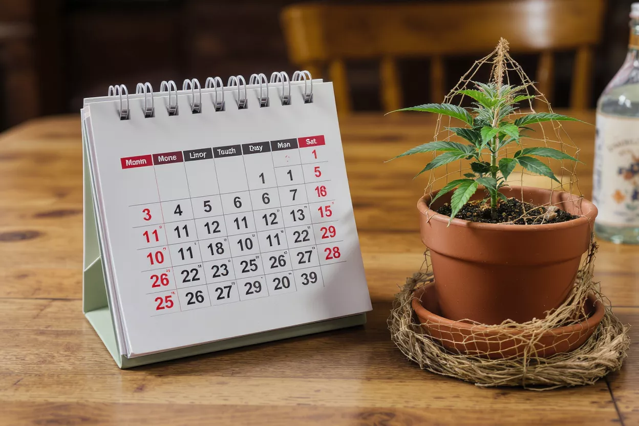 Una pequeña planta de cannabis en una maceta junto a un calendario de escritorio sobre una mesa de madera.