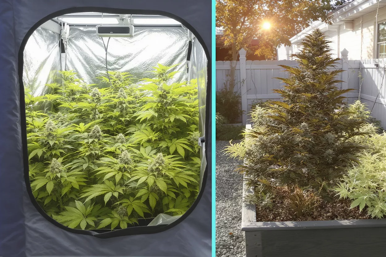 Imagen dividida mostrando un armario de cultivo interior y una planta de cannabis exterior.