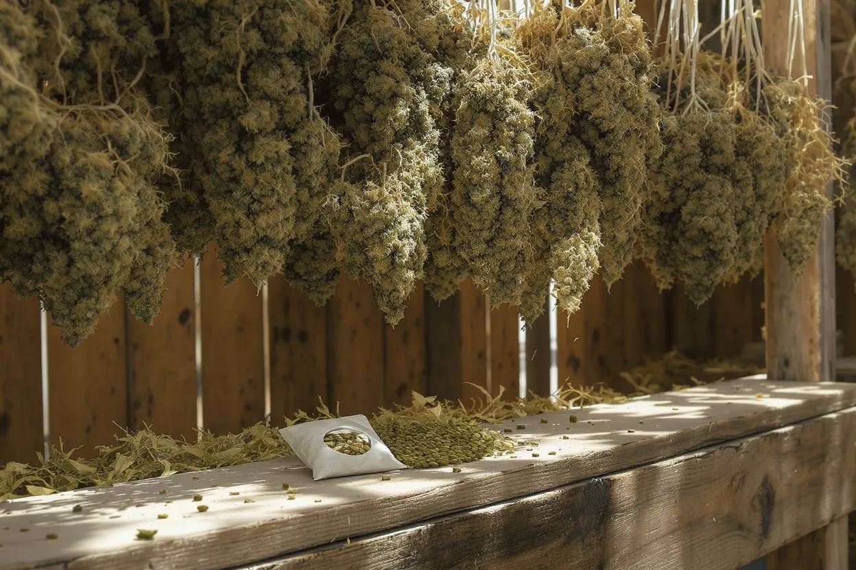 Hops buds hanging to dry, with seeds on a wooden shelf below.