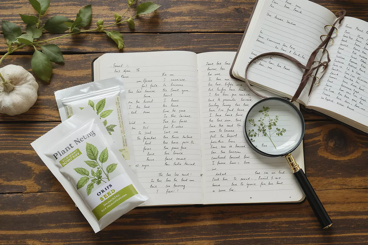 Overhead shot of a gardening journal, seed packets, and a magnifying glass on wood.