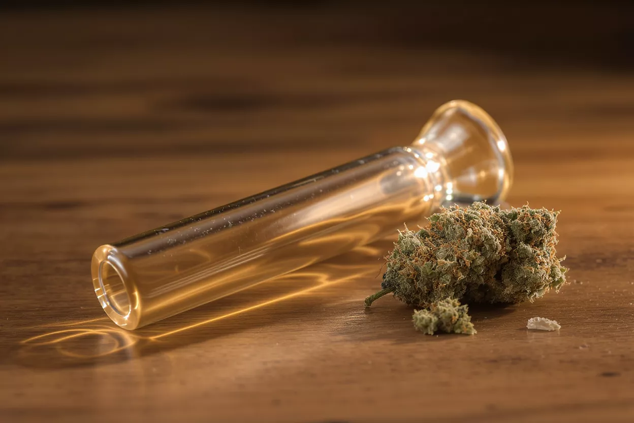 Glass Pipe and Cannabis Bud A clear glass pipe and a green cannabis bud on a wooden surface.