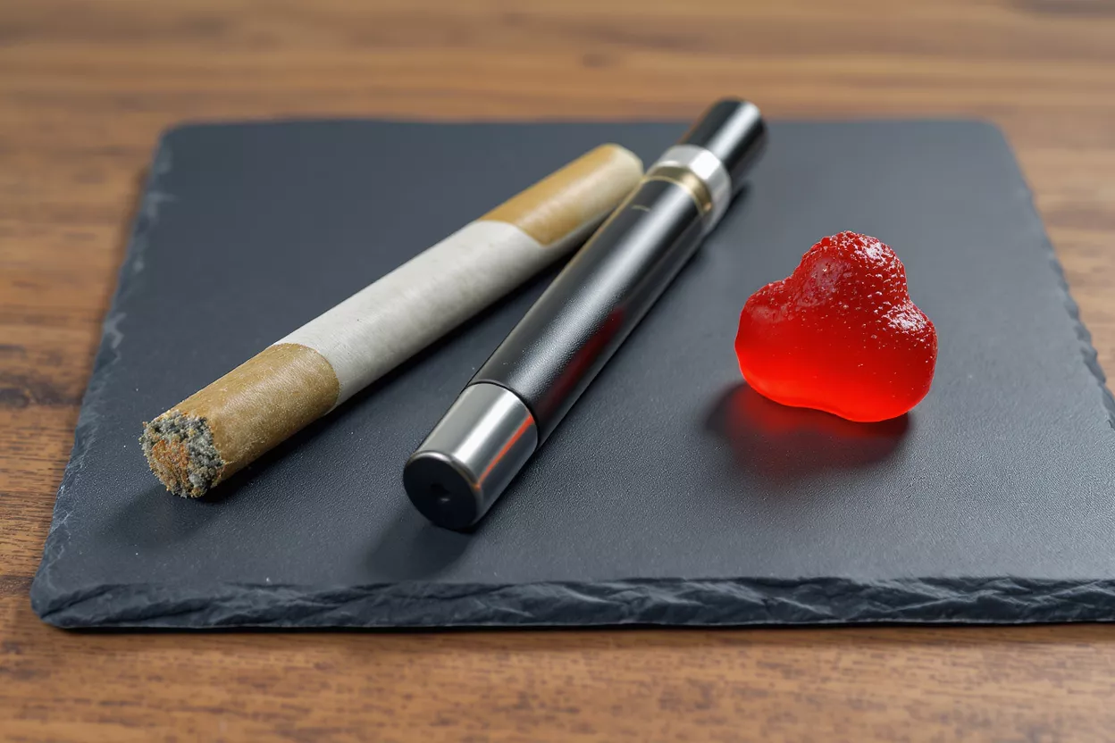 Cannabis Products: Gummy, Vape, and Joint A cannabis joint, vape pen, and red heart-shaped gummy on a black slate.