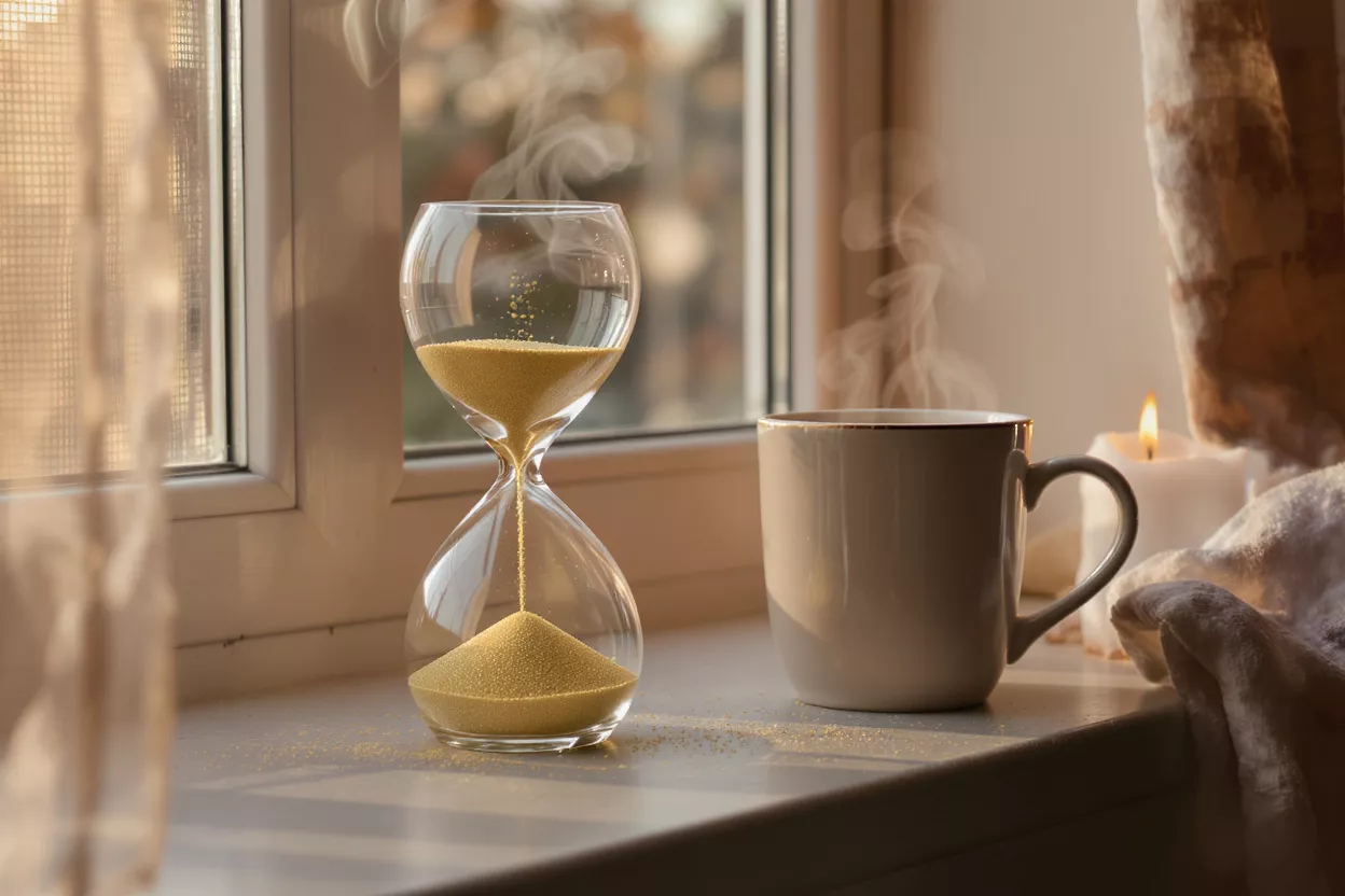 Cozy Morning Hourglass and Coffee Hourglass with sand flowing next to a steaming coffee cup on a sunlit windowsill.