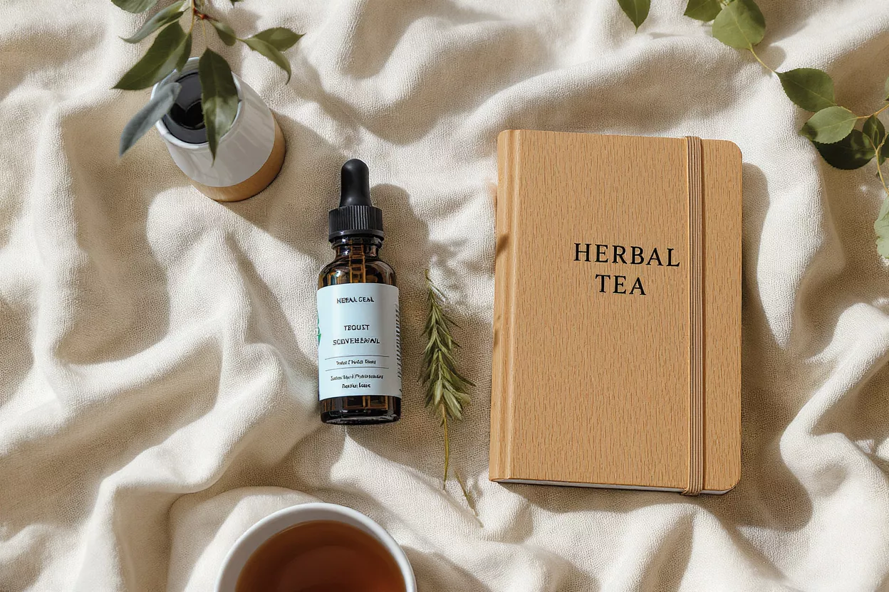 Herbal Tea Elixir Wellness Flatlay Herbal elixir dropper bottle, 'Herbal Tea' notebook, and tea cup on textured fabric.