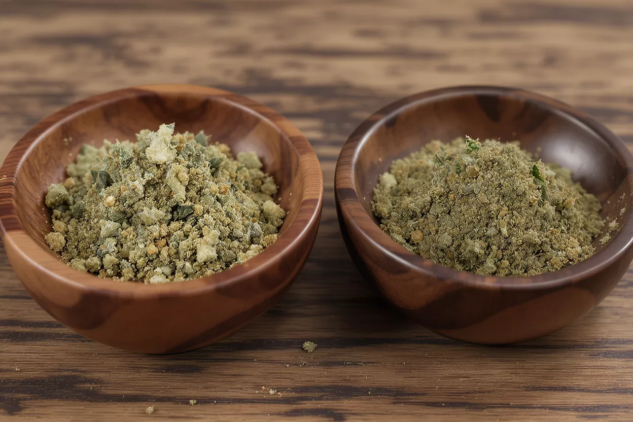 Two Bowls of Green Powder Two wooden bowls filled with green and brown granular powder on a wooden surface.