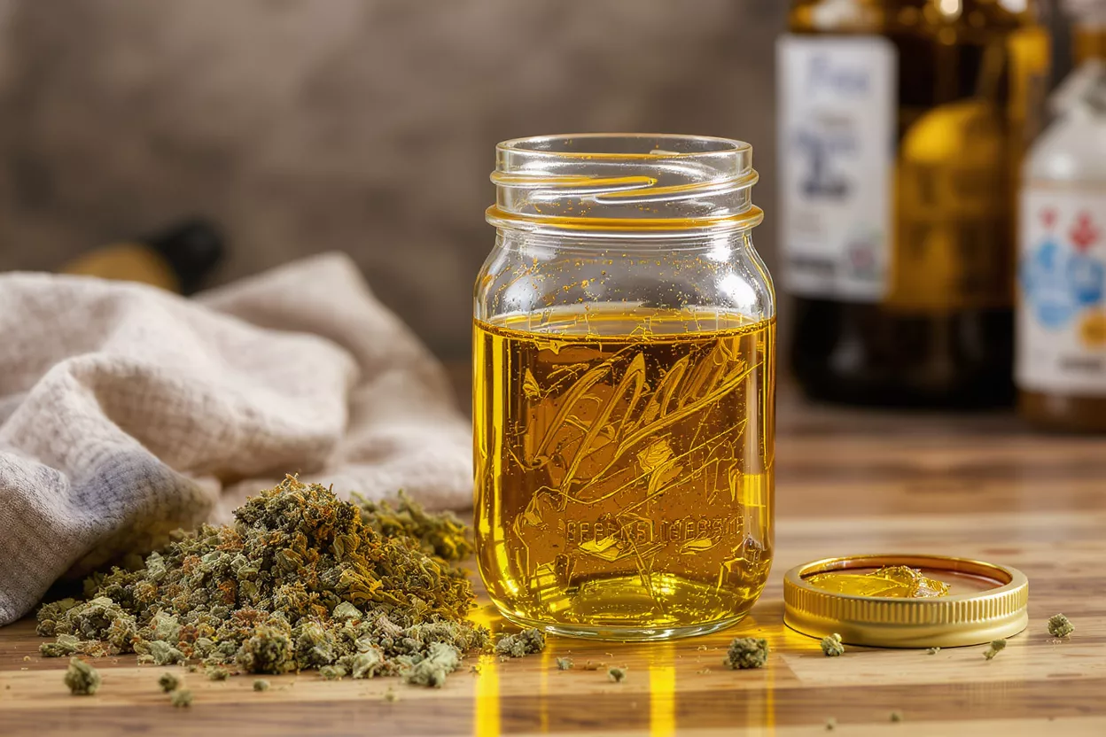 Cannabis Oil in Jar A mason jar filled with golden cannabis oil next to dried cannabis flower.
