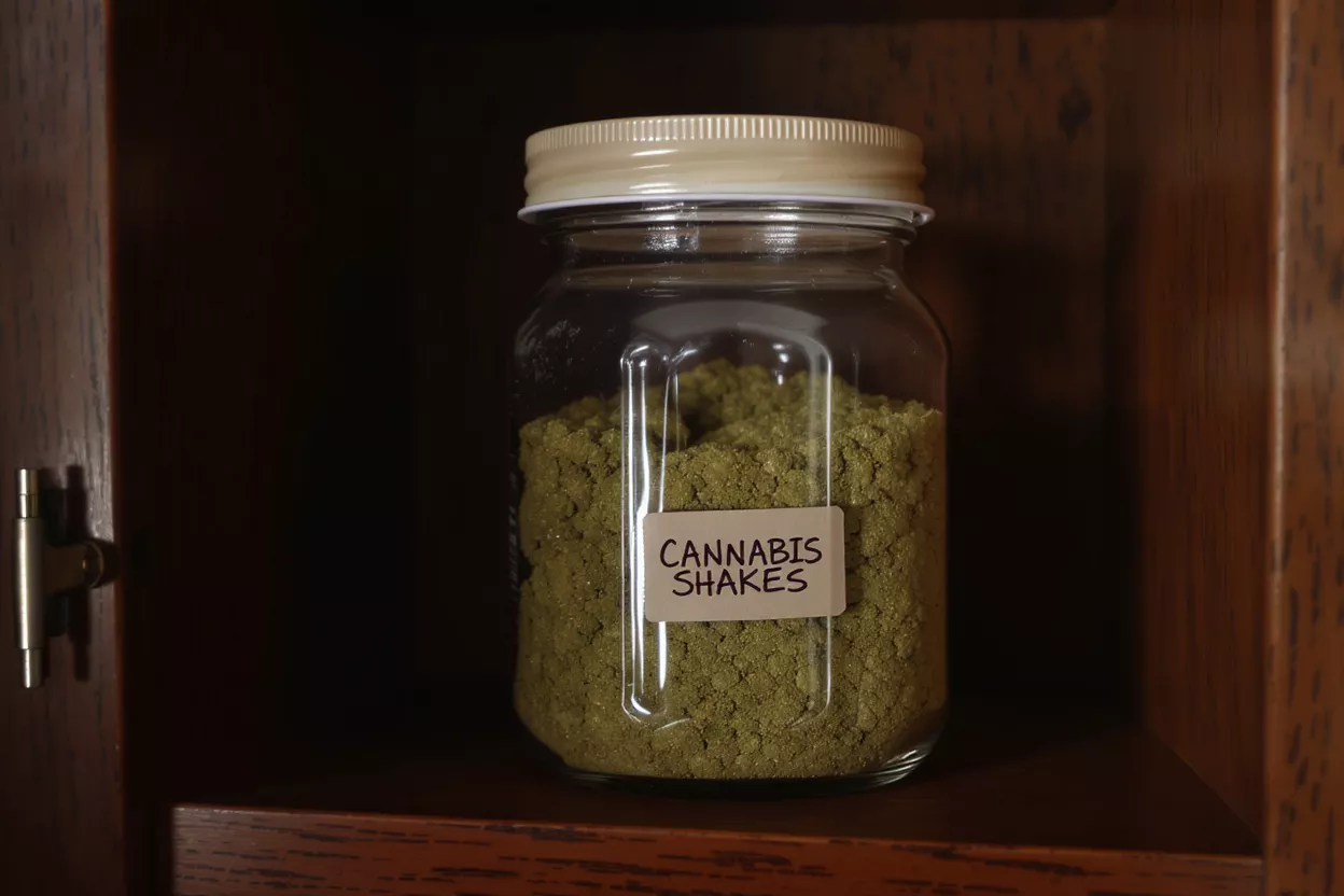 Cannabis Shakes in Jar A glass jar labeled "Cannabis Shakes" filled with green powder on a wooden shelf.
