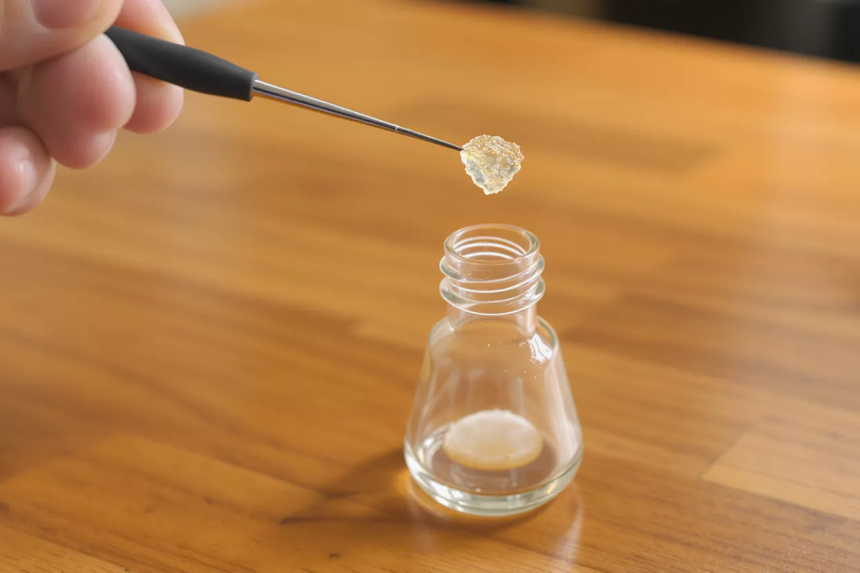 Gel en cours de mise en flacon Une main utilise une pince pour placer un gel transparent texturé dans une petite bouteille en verre.