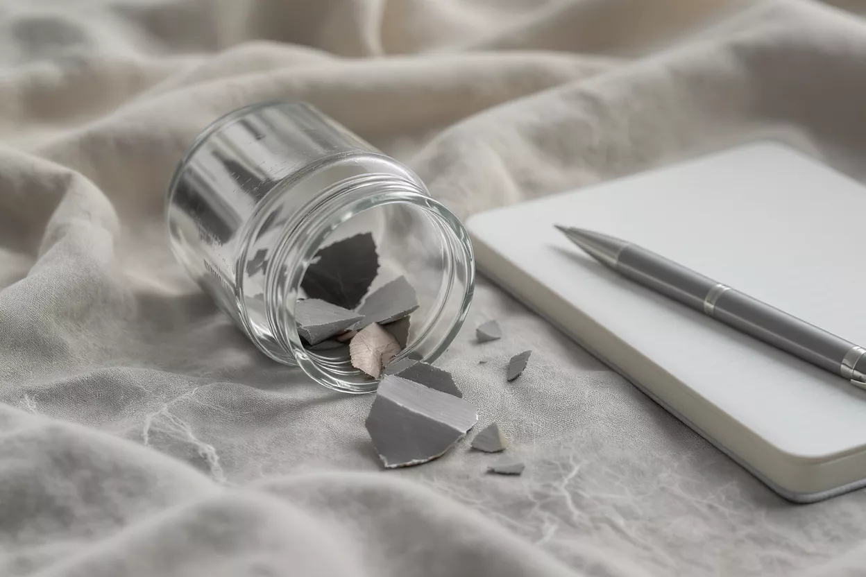 Bocal en verre avec morceaux cassés Bocal en verre avec morceaux gris et roses cassés, carnet et stylo sur du tissu.